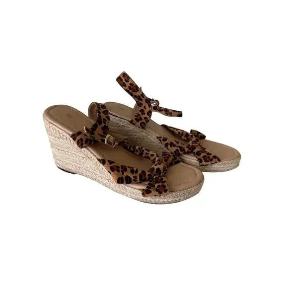Leopard Print Wedge Sandals Women’s 8.5 Espadrille Platform Bow Strappy Shoes - Picture 5 of 10